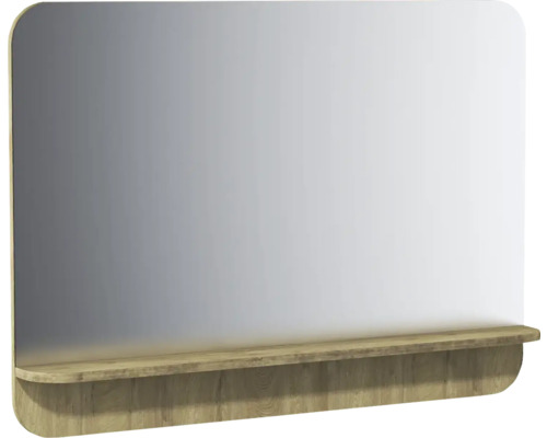 Miroir de salle de bain avec coins supérieurs arrondis et tablette en aspect bois.