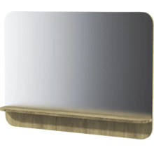 Miroir de salle de bain avec tablette aspect chêne et coins supérieurs arrondis.