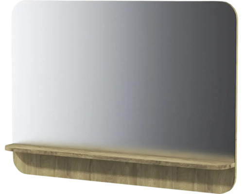 Miroir de salle de bain avec tablette aspect chêne et coins supérieurs arrondis.
