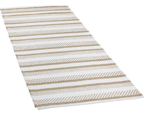 Tapis rayé beige et blanc.