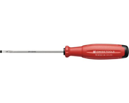 Schlitzschraubendreher mit rotem Griff und der Aufschrift PB Swiss Tools