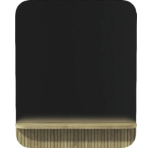 Miroir de salle de bain aux coins arrondis, avec étagère en bois intégrée à lattes verticales et éclairage blanc chaud.