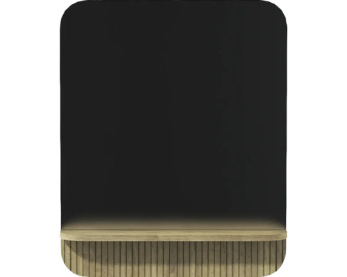 Miroir de salle de bain aux coins arrondis, avec étagère en bois intégrée à lattes verticales et éclairage blanc chaud.