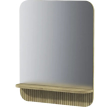 Miroir de salle de bain avec étagère et lattes en bois, coins supérieurs arrondis.