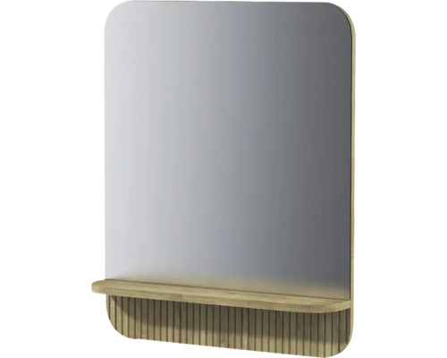 Miroir de salle de bain avec étagère et lattes en bois, coins supérieurs arrondis.