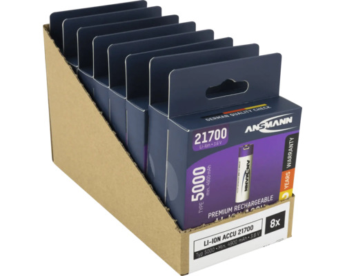 Acht Ansmann 21700 Lithium-Ionen Akkus in Verkaufsverpackung
