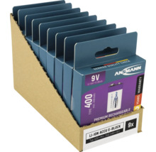 Neuf piles bloc E Ansmann lithium-ion 9 volts dans un présentoir en carton