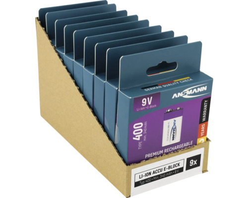 Neuf piles bloc E Ansmann lithium-ion 9 volts dans un présentoir en carton
