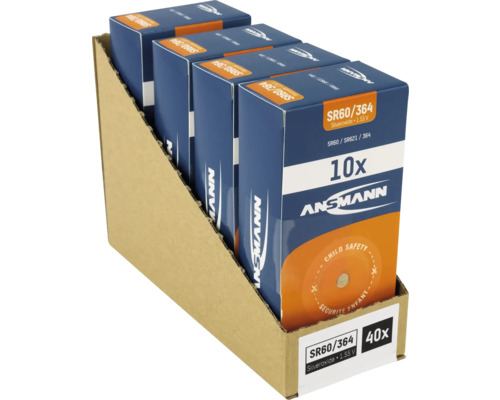 Packung mit 40 Silberoxid Knopfzellen vom Typ SR60/364 im Displaykarton