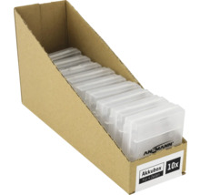 Zehn durchsichtige Batterieboxen für vier Batterien in einem Pappkarton