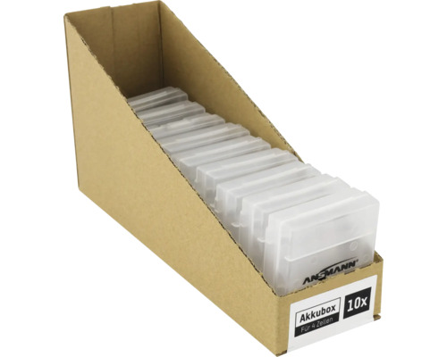 Zehn durchsichtige Batterieboxen für vier Batterien in einem Pappkarton
