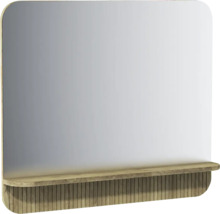 Miroir de salle de bain rectangulaire avec coins supérieurs arrondis et une étagère aspect bois avec des lattes verticales.