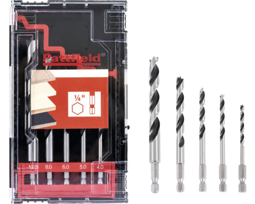 Holzbohrer Set Pattfield Ø 4-10 mm mit Sechskantschaft 5-tlg Holzbohrer Set mit verschiedenen Größen in Kunststoffbox
