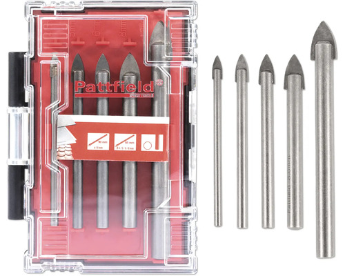 Kit de forets pour verre et carrelage Pattfield Ø 4-10 mm avec tige ronde 5 pièces Jeu de forets à verre Pattfield de différentes tailles dans une boîte transparente