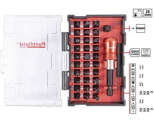 Pattfield Bitset mit Schraubendreher und verschiedenen Bits in einem transparenten Aufbewahrungskoffer