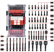 Logo Pattfield. Assortiment d'embouts de tournevis dans une boîte en plastique transparente