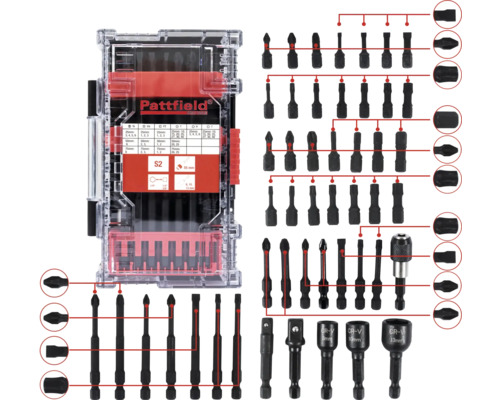 Logo Pattfield. Assortiment d'embouts de tournevis dans une boîte en plastique transparente