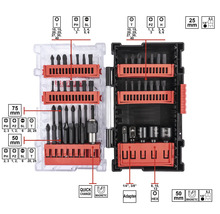 Jeu de forets avec différents embouts de tournevis et adaptateurs dans un coffret transparent
