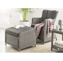 Ensemble de meubles de jardin comprenant un fauteuil et un tabouret en polyrotin avec coussins