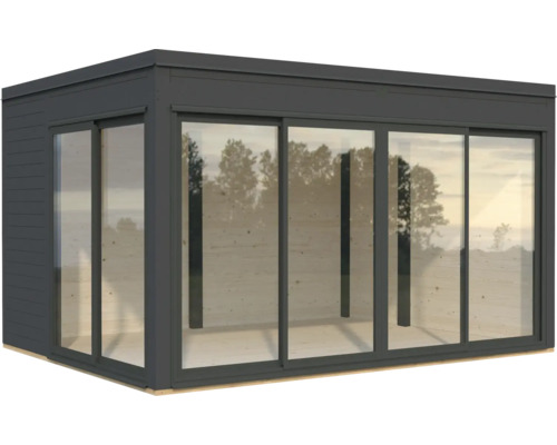 Abri de jardin moderne avec portes coulissantes et façade vitrée