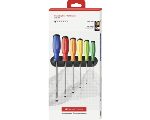 PB Swiss Tools SwissGrip Evo Schraubendrehersatz mit Wandhalterung, 6-teilig
