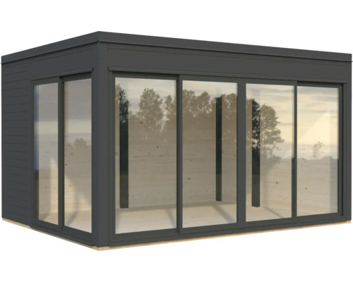 Abri de jardin moderne avec de grandes façades en verre et portes coulissantes