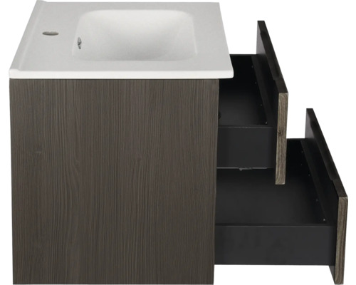 Meuble sous-lavabo avec deux tiroirs ouverts