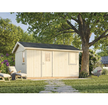 Abri de jardin en bois avec fenêtre et porte dans le jardin