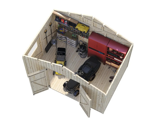 Vue intérieure d'un abri de jardin en bois avec des outils de jardinage et des outils de rangement.