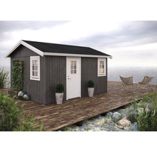 Abri de jardin avec plancher en bois, porte, fenêtres et décoration