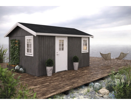 Abri de jardin avec plancher en bois, porte, fenêtres et décoration