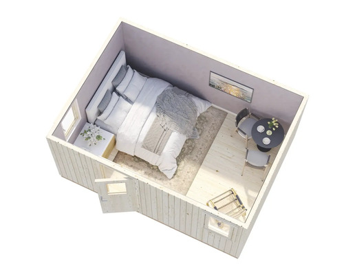 Vue intérieure d'une cabane de jardin avec lit, table et chaises