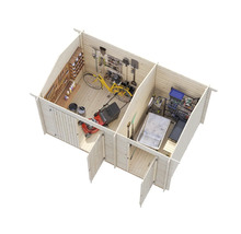 Vue intérieure d'une cabane de jardin en bois avec des étagères, des outils et du matériel de jardinage