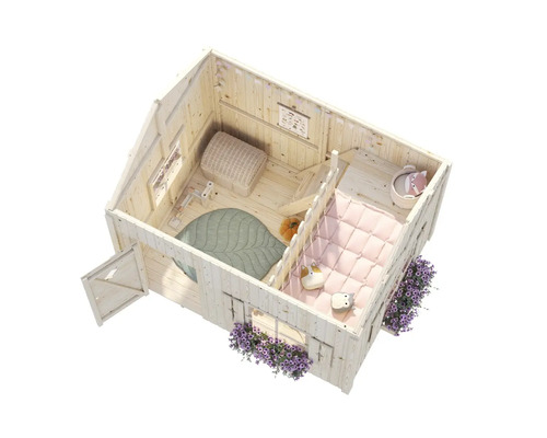 Cabane de jeu en bois avec ameublement et jardinières