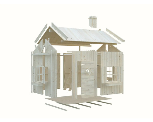 Schéma éclaté d'une cabane de jeux en bois à assembler
