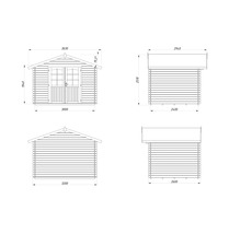 Technische Zeichnung eines Gartenhauses mit Massangaben.