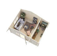 Vue intérieure d'une maison en bois avec meubles et accessoires