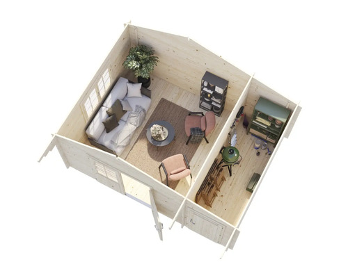 Vue intérieure d'une maison en bois avec meubles et accessoires