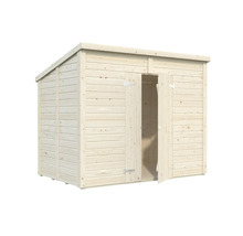 Holzgartenhaus mit Doppeltür, teilweise geöffnet für Lagerung