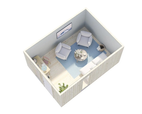 Vue intérieure d'une maison de jardin en bois avec des meubles, dont des fauteuils, un canapé, une table et de la décoration