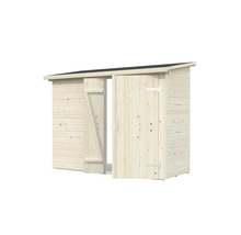 Abri de jardin en bois avec porte ouverte pour ranger les outils de jardin