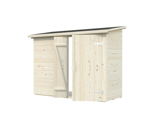 Abri de jardin en bois avec porte ouverte pour ranger les outils de jardin