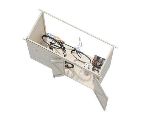 Garage à vélos en bois avec porte ouverte, vélo, ballon de football et caisse