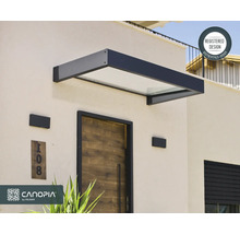 Entrée lumineuse avec marquise de porte moderne en anthracite et verre sur une porte en bois, Canopia Logo, Modèle déposé.