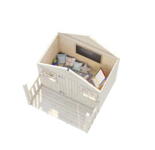 Maisonnette en bois avec véranda, fenêtres, tableau noir, chevalet et coussins