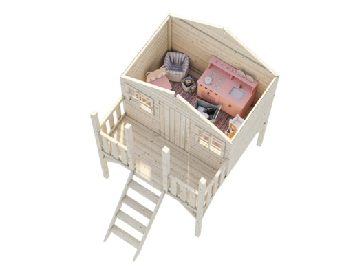 Maison de jeu en bois avec escalier et balcon avec meubles de jouets
