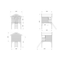 Dessin technique d'une cabane de jeux avec toboggan et échelle avec différentes dimensions