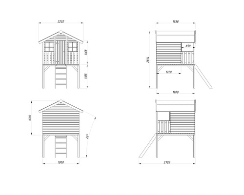 Dessin technique d'une cabane de jeux avec toboggan et échelle avec différentes dimensions