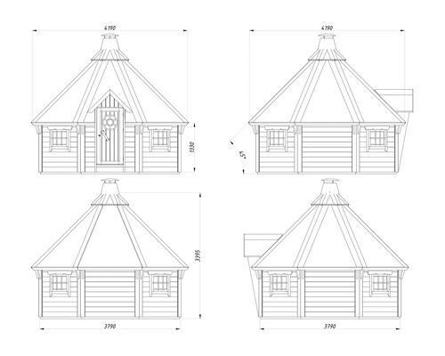 Zeichnung eines Grill Kota mit Abmessungen.