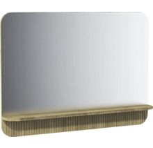 Miroir de salle de bain avec tablette et socle cannelé en aspect bois et coins arrondis.